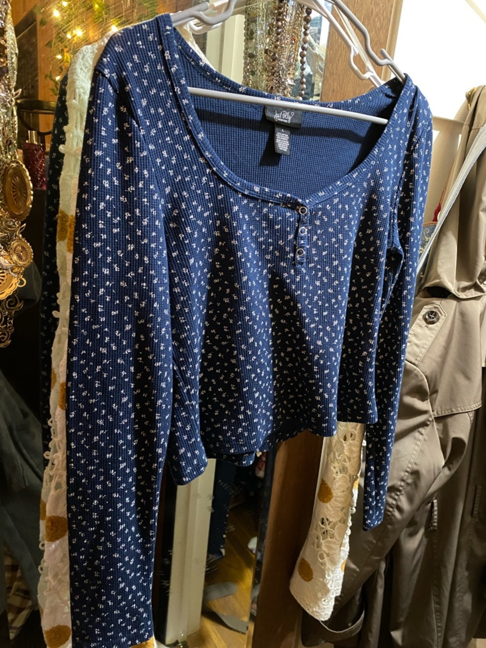 cozy waffle knit blue mini floral top